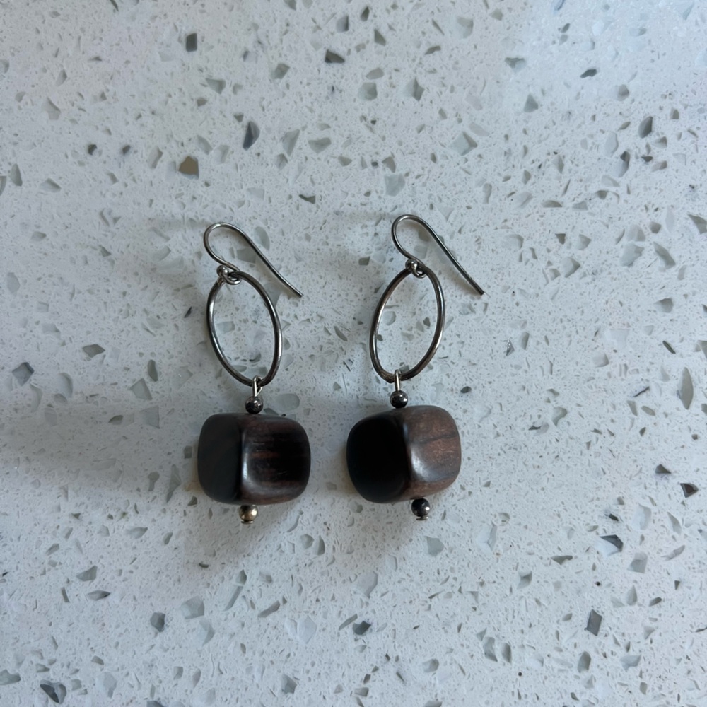 Elegant Silver and Brown Wooden Dangle Earrings